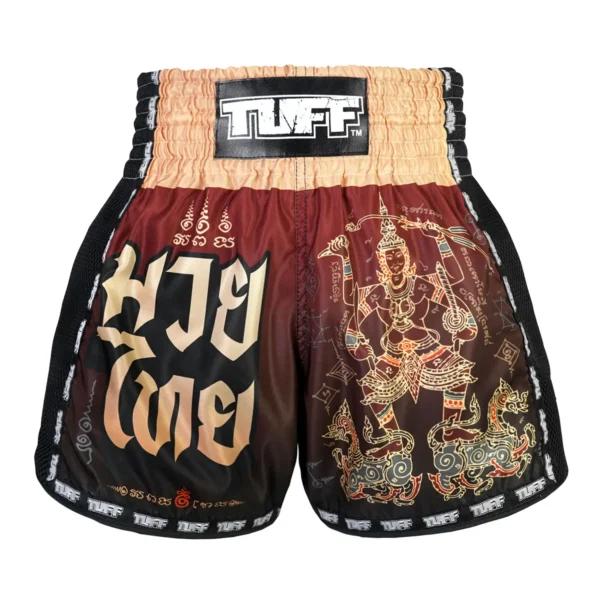 Close-up view of TUFF Muay Thai Shorts New Retro Style Yant Narai Turning the Land MSC101