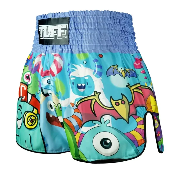 Tuff Kids Muay Thai Shorts Party Monster Rms104 Blue 1 Kid wearing TUFF Kids Muay Thai Shorts Party Monster RMS104