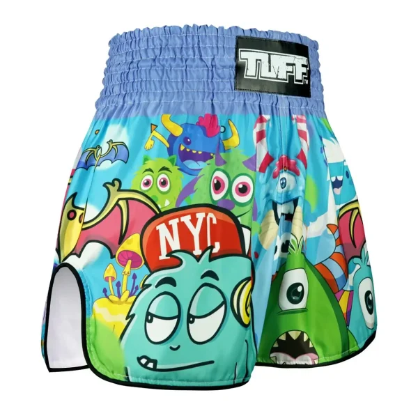 Tuff Kids Muay Thai Shorts Party Monster Rms104 Blue 3 Kid wearing TUFF Kids Muay Thai Shorts Party Monster RMS104