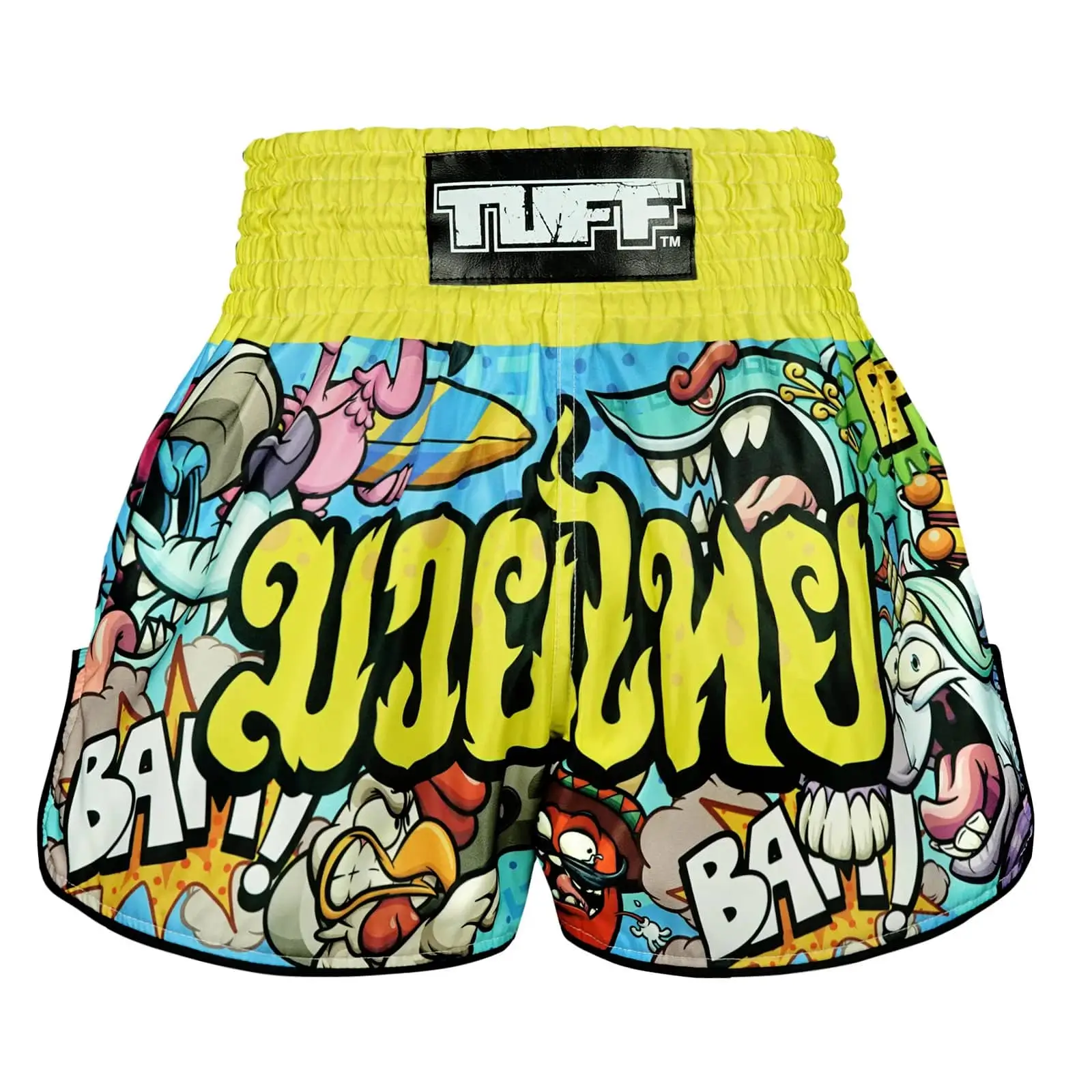A young athlete wearing TUFF Kids Muay Thai Shorts Ready To Rumble RMS106