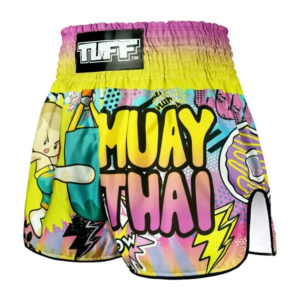 Tuff Kids Muay Thai Shorts The Savage Boy Rms105 Yellow 1 Kid wearing TUFF Kids Muay Thai Shorts The Savage Boy RMS105