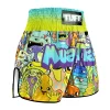 Tuff Kids Muay Thai Shorts We Come In Peace Rms107 Multi Coloured 3 Kids wearing TUFF Kids Muay Thai Shorts RMS107 with 'We Come In Peace' graphics.