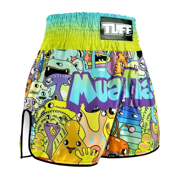 Tuff Kids Muay Thai Shorts We Come In Peace Rms107 Multi Coloured 3 Kids wearing TUFF Kids Muay Thai Shorts RMS107 with 'We Come In Peace' graphics.