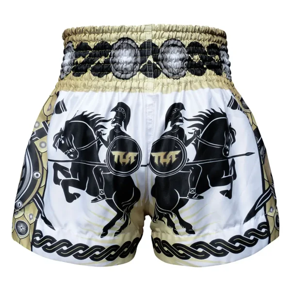 Tuff Muay Thai Shorts Golden Gladiator Ms634 White Gold 3 Man wearing TUFF Muay Thai Shorts Golden Gladiator MS634