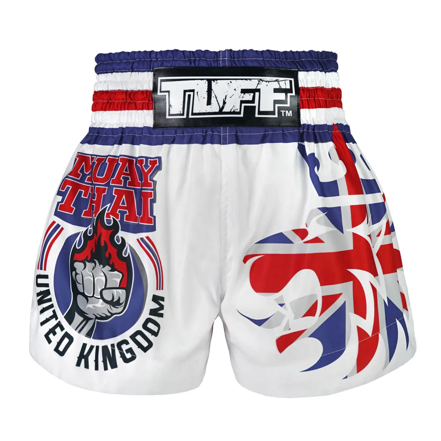 TUFF Muay Thai Shorts King of Beasts UK Flag MS666 on a plain background