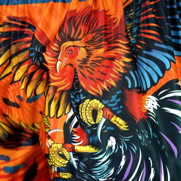 Vibrant TUFF Muay Thai Shorts Lethwei Rooster MS676 displayed against a white backdrop.