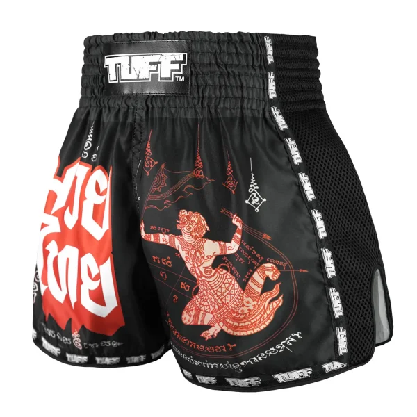 Muay Thai shorts featuring Hanuman flying raising the flag design