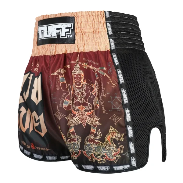 TUFF Muay Thai Shorts in new retro style featuring Yant Narai Turning the Land design