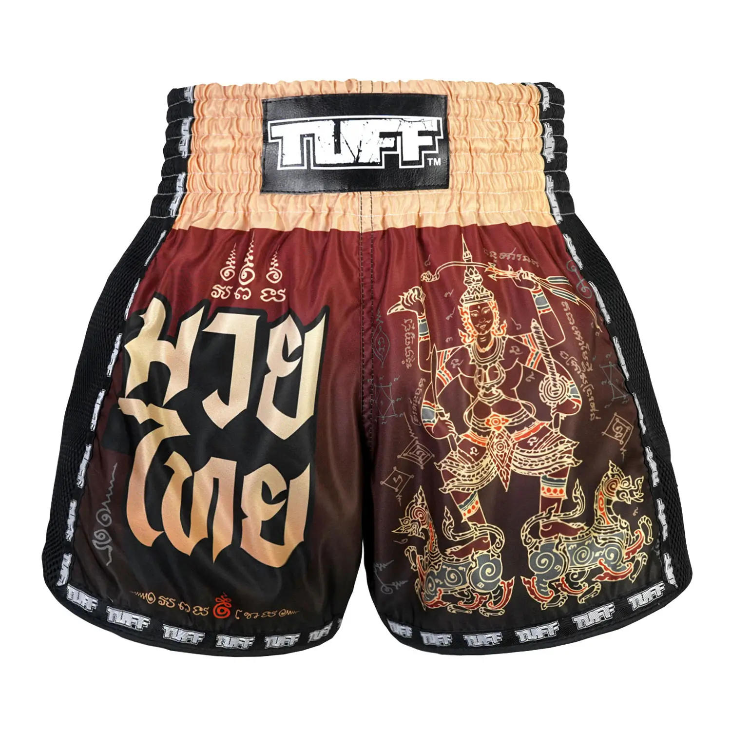 Close-up view of TUFF Muay Thai Shorts New Retro Style Yant Narai Turning the Land MSC101