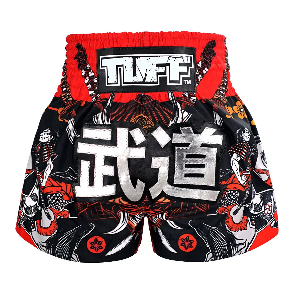 TUFF Muay Thai Shorts Tora Samurai MS660 in black color with golden designs