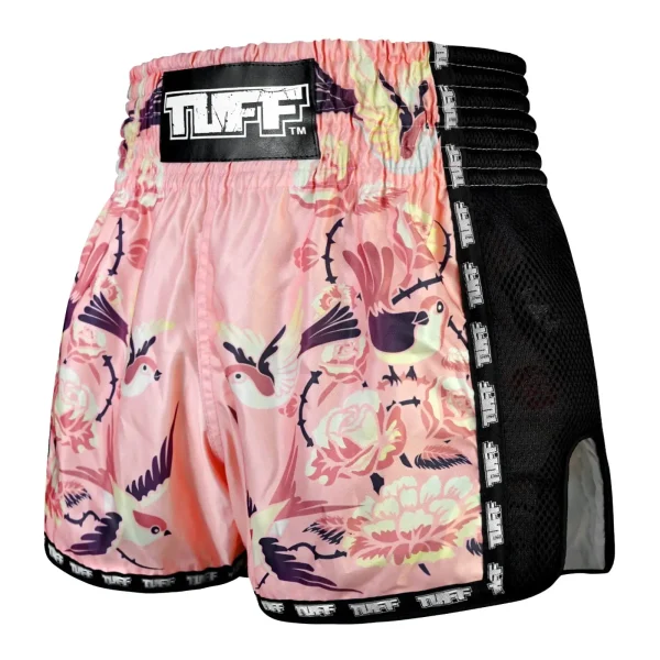 Tuff Retro Muay Thai Shorts Birds With Roses Msc123 Pink 1 Martial arts athlete wearing TUFF Retro Muay Thai Shorts Birds With Roses MSC123