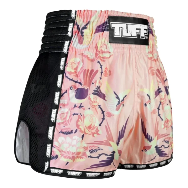 Tuff Retro Muay Thai Shorts Birds With Roses Msc123 Pink 3 An image displaying TUFF Retro Muay Thai Shorts with bird and rose designs, model number MSC123.