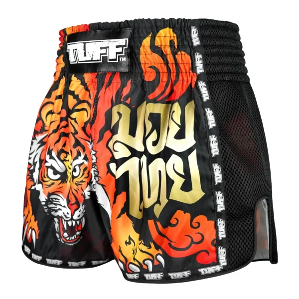 Tuff Retro Muay Thai Shorts Furious Tiger Black 1 Man wearing TUFF Retro Muay Thai Shorts with Furious Tiger design