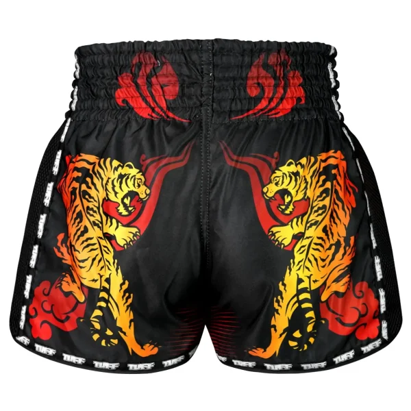 Tuff Retro Muay Thai Shorts Furious Tiger Black 2 Man wearing TUFF Retro Muay Thai Shorts with Furious Tiger design