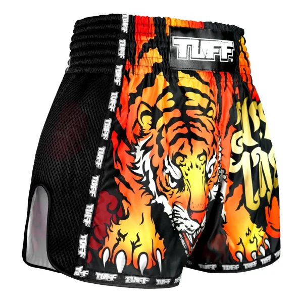 Tuff Retro Muay Thai Shorts Furious Tiger Black 3 Retro Muay Thai shorts featuring a Furious Tiger design