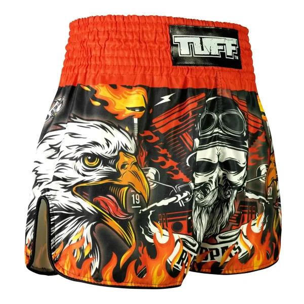 Man wearing the TUFF Retro Muay Thai Shorts Graybeard and The Eagle RMS108
