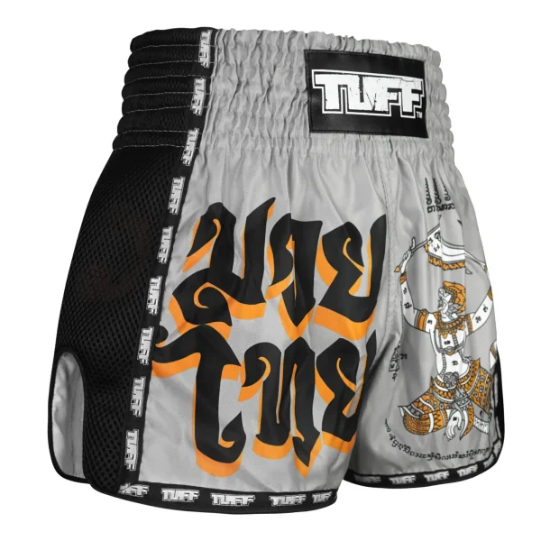 Tuff Retro Muay Thai Shorts Hanuman Yantra With War Flag Msc118 Grey 1 Man wearing TUFF Retro Muay Thai Shorts Hanuman Yantra with War Flag MSC118