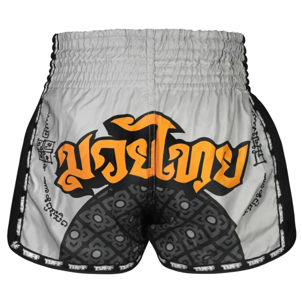 Tuff Retro Muay Thai Shorts Hanuman Yantra With War Flag Msc118 Grey 2 Man wearing TUFF Retro Muay Thai Shorts Hanuman Yantra with War Flag MSC118