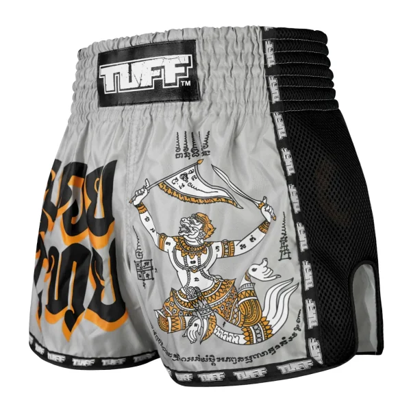 Tuff Retro Muay Thai Shorts Hanuman Yantra With War Flag Msc118 Grey 3 TUFF Retro Muay Thai Shorts Hanuman Yantra with War Flag MSC118 on a white background.