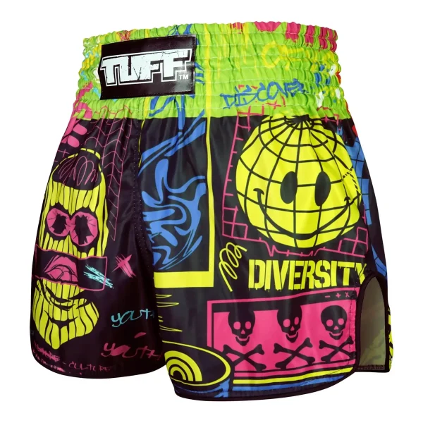 Tuff Retro Muay Thai Shorts Neon Graffiti Rms119 Black Green 1 TUFF Retro Muay Thai Shorts Neon Graffiti RMS119