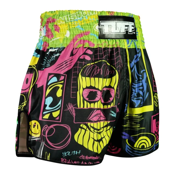 Tuff Retro Muay Thai Shorts Neon Graffiti Rms119 Black Green 3 TUFF Retro Muay Thai Shorts Neon Graffiti RMS119