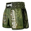 Tuff Retro Muay Thai Shorts The Immortal Yaksa Rms117 Olive 1 A pair of TUFF Retro Muay Thai Shorts named The Immortal Yaksa RMS117 displayed on white background