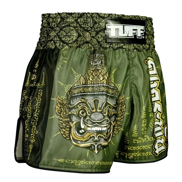 Tuff Retro Muay Thai Shorts The Immortal Yaksa Rms117 Olive 3 TUFF Retro Muay Thai Shorts The Immortal Yaksa RMS117 on white background