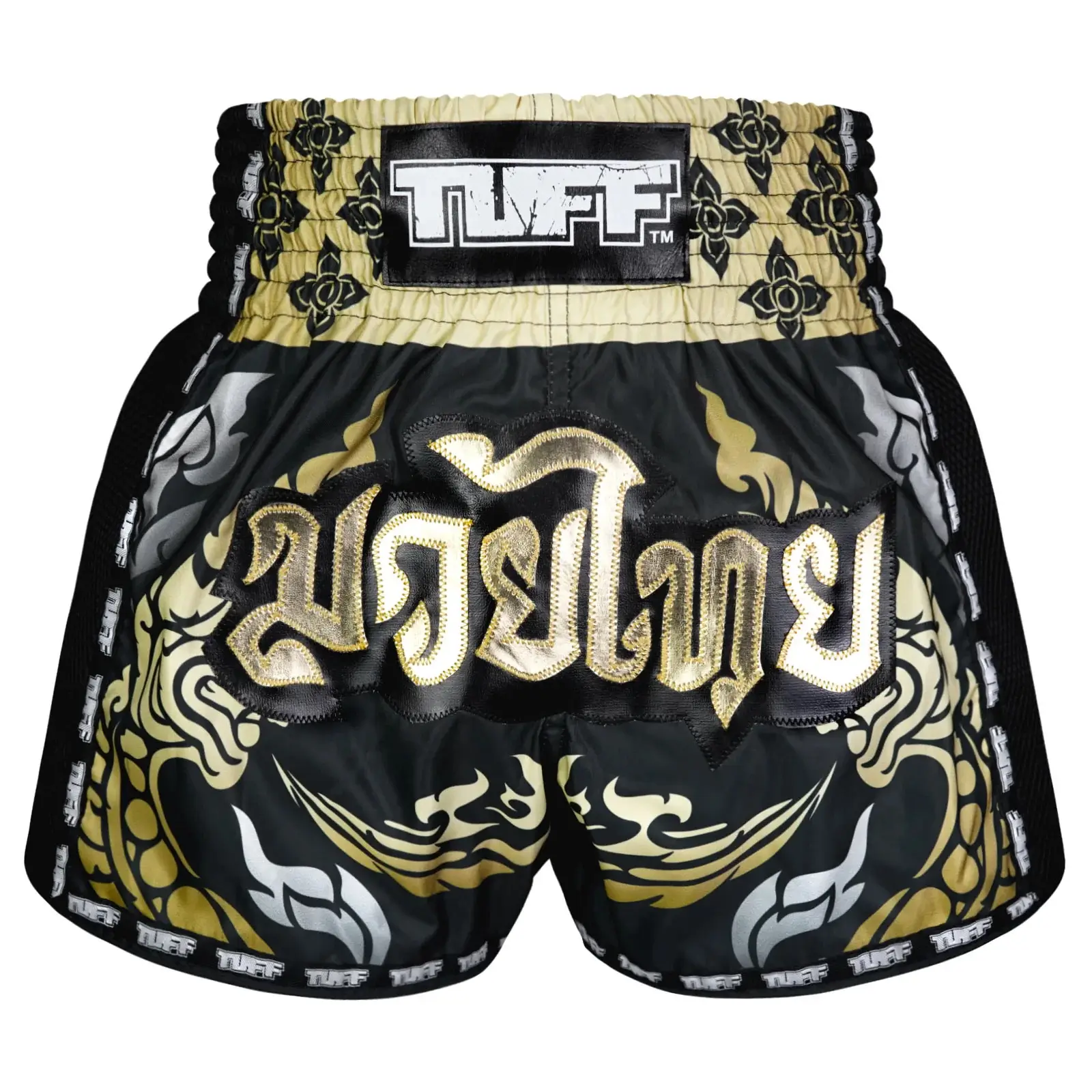 Close-up view of TUFF Retro Muay Thai Shorts The King Of Naga MSC107
