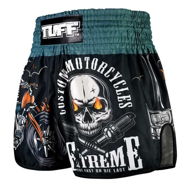 Tuff Retro Muay Thai Shorts The Skull Rider Rms109 Black 1 A pair of TUFF Retro Muay Thai Shorts with The Skull Rider RMS109 design