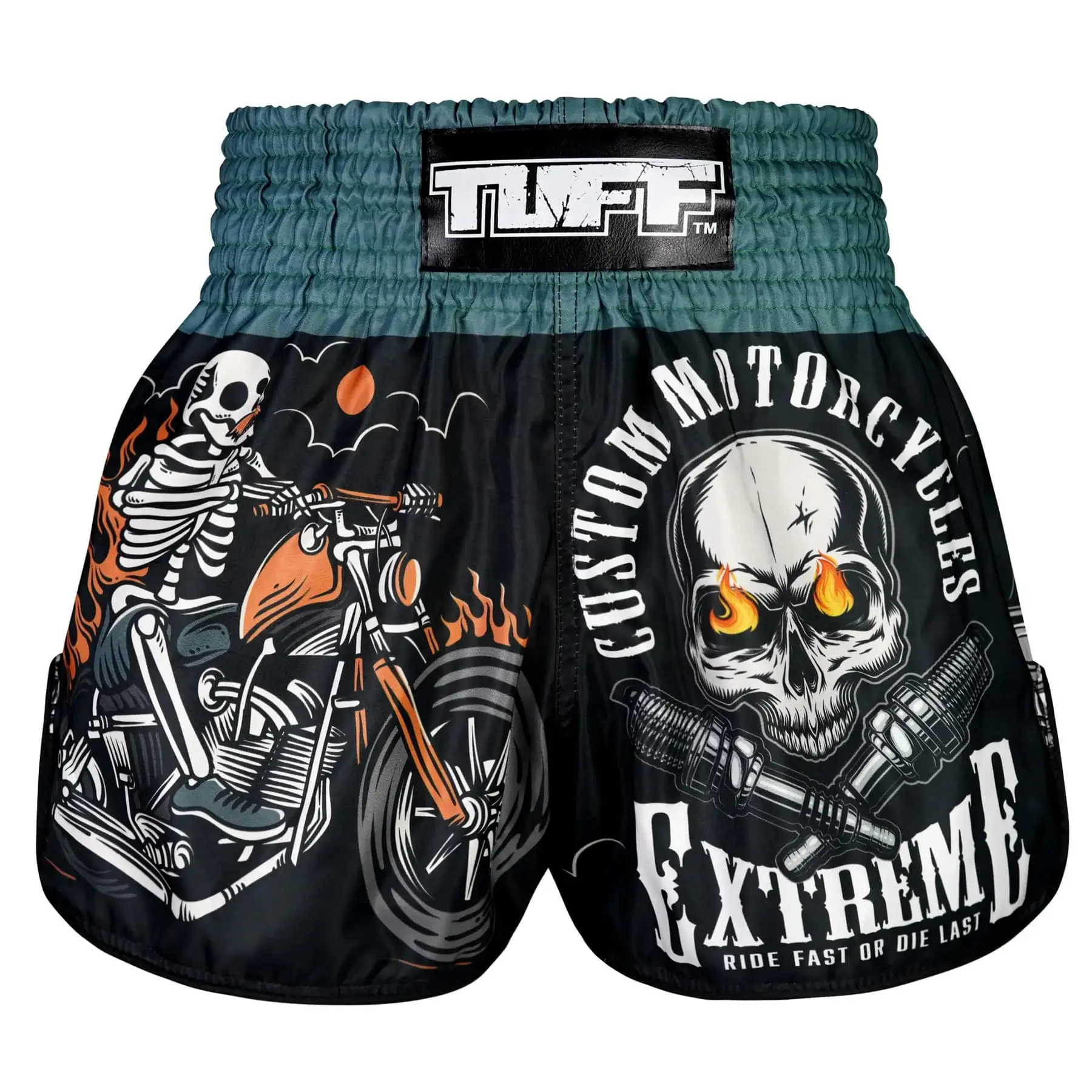 TUFF Retro Muay Thai Shorts The Skull Rider RMS109 on model