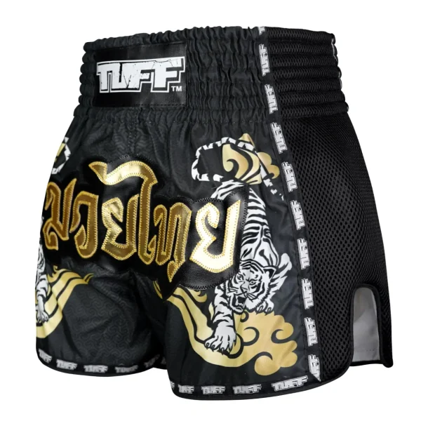 Tuff Retro Muay Thai Shorts Twin Tiger Black 1 Athlete wearing TUFF Retro Muay Thai Shorts Twin Tiger