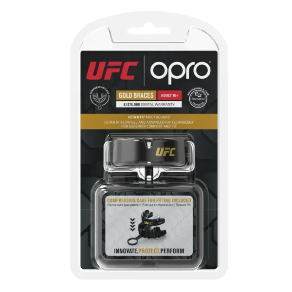 Opro UFC Gold Level Braces Mouthguard Opro Gold Level Braces UFC Mouthguard in packaging
