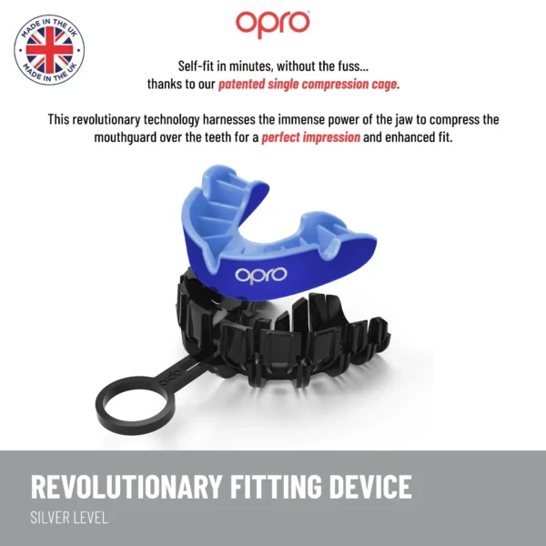 Opro Silver Level UFC Mouthguard Product Image. An Opro Silver Level UFC Mouthguard displayed on a white background.