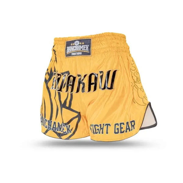 Buakaw Banchamek Gym Muay Thai Shorts BSH6. Man wearing Buakaw Muay Thai Shorts BSH6 in a standing fighting stance.