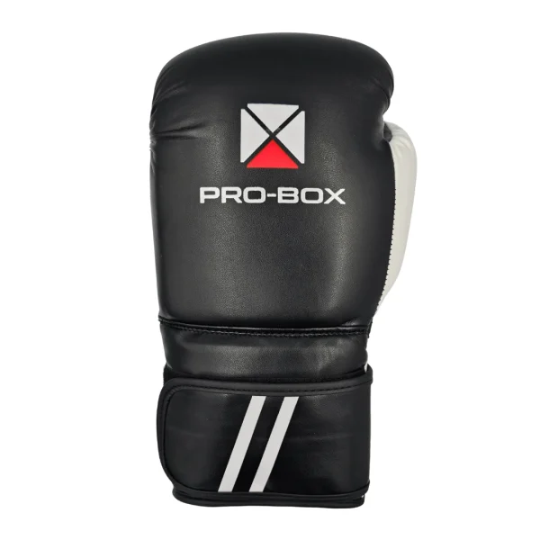 PUCEBLK_3 Pro-Box PU Essentials Boxing Gloves - Black/White in Black/White — flat lay