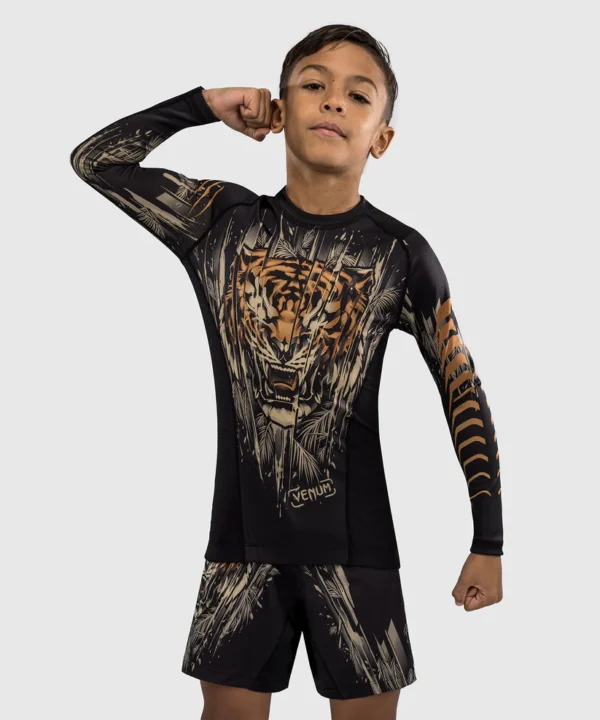 Venum Kids Tiger Long Sleeve Rash Guard Product Young child wearing Venum Kids Tiger Long Sleeve Rash Guard