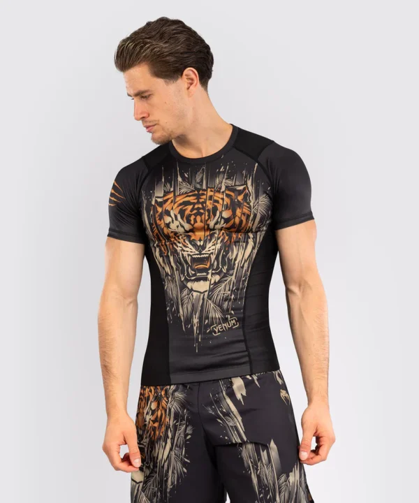 Venum Tiger Rashguard for Men Man wearing Venum Tiger Men's Short Sleeve Rashguard