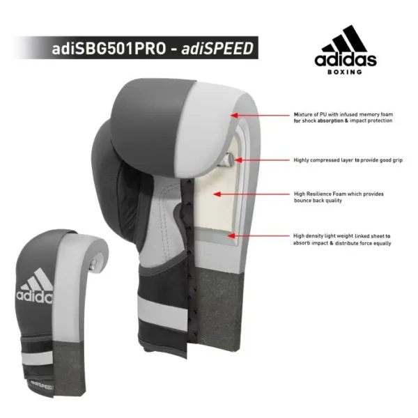 Adidas AdiSpeed Pro Boxing Gloves in striking red and white colors.