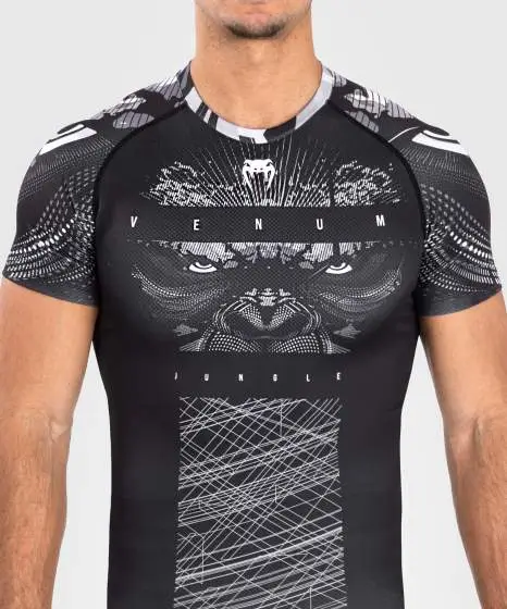Venum Gorilla Jungle Short Sleeve Rash Guard Black White 3 Venum Gorilla Jungle Short Sleeve Rash Guard on white background.