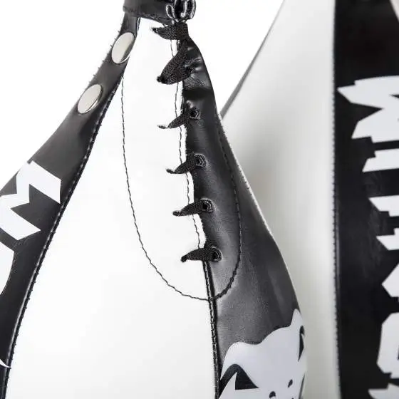 Venum Speed Bag Skintex Leather Black White 3 A Venum Speed Bag Skintex Leather suspended in mid-air against a neutral background