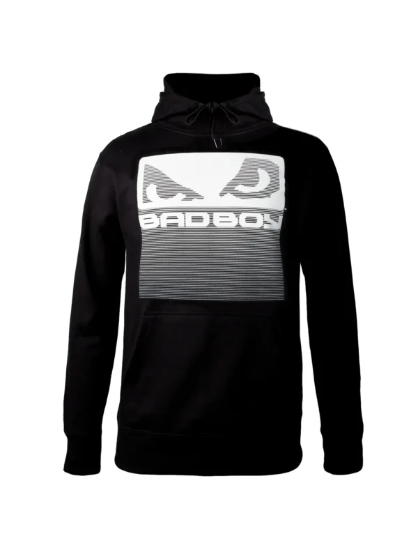 Close up view of a Bad Boy Linear Print Logo Hoodie in black