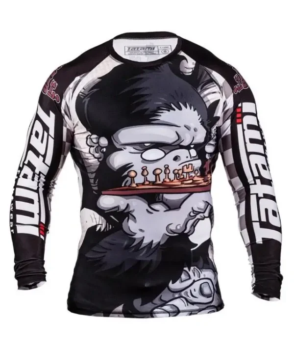 Tatami Fightwear Chess Gorilla Rash Guard A man wearing 'Tatami Fightwear Chess Gorilla Rash Guard', showcasing an exclusive fight wear for martial arts enthusiasts.