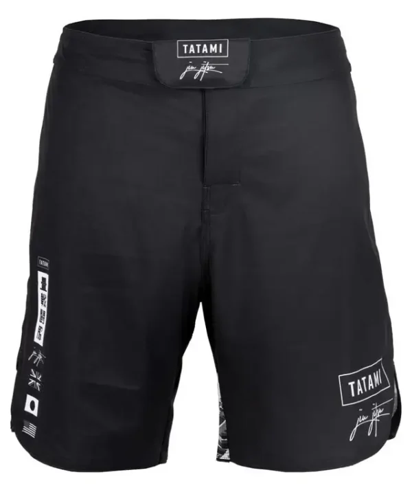 Athlete wearing Tatami Fightwear Kanagawa Shorts in striking black and white design
