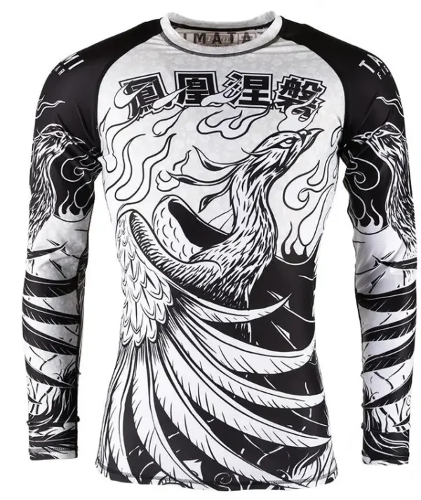 Tatami Fightwear Phoenix Rising Rashguard A vibrant image displaying the Tatami Fightwear Phoenix Rising Rashguard, showcasing its detailed design and high-quality material.