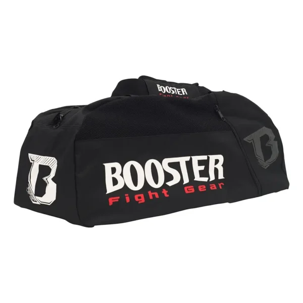 Black and sporty Booster Recon Convertible Backpack Gym Bag laid flat on a neutral background