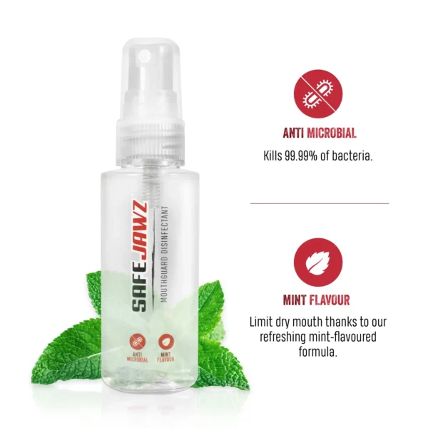 Image of Safejawz Mouthguard Disinfectant Spray Mint Flavoured, Anti-Microbial Gum Shield Cleaner perfect for cleaning and sanitation.