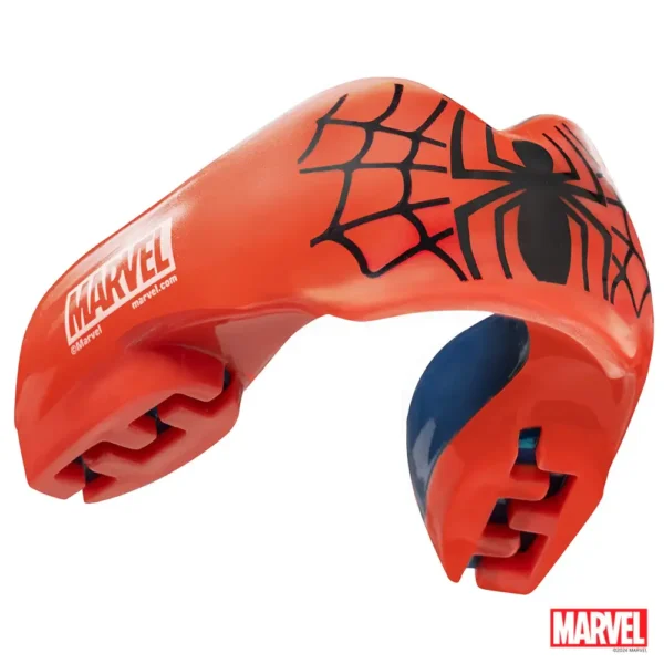 The image displays the Safejawz x Marvel Ortho Spider-Man Mouthguard product, designed to protect teeth during contact sports.