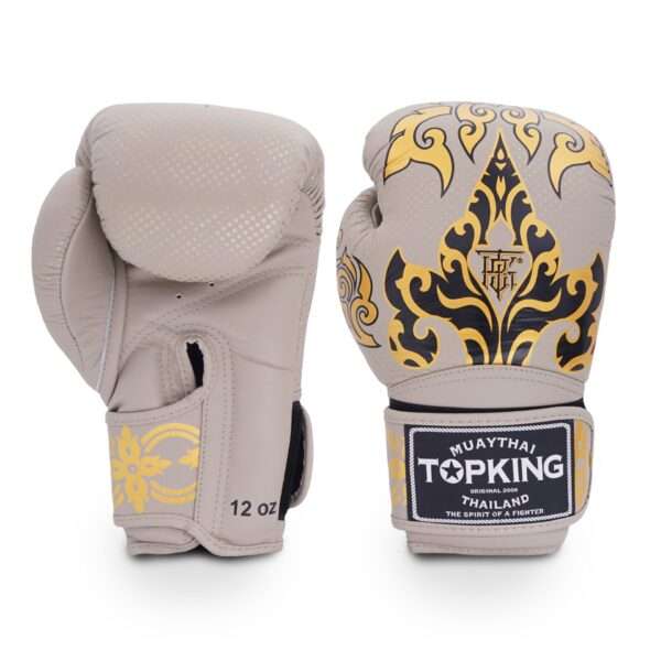 An image featuring the Top King Kanok Thai Boxing Gloves in a powerful red and gold combination.
