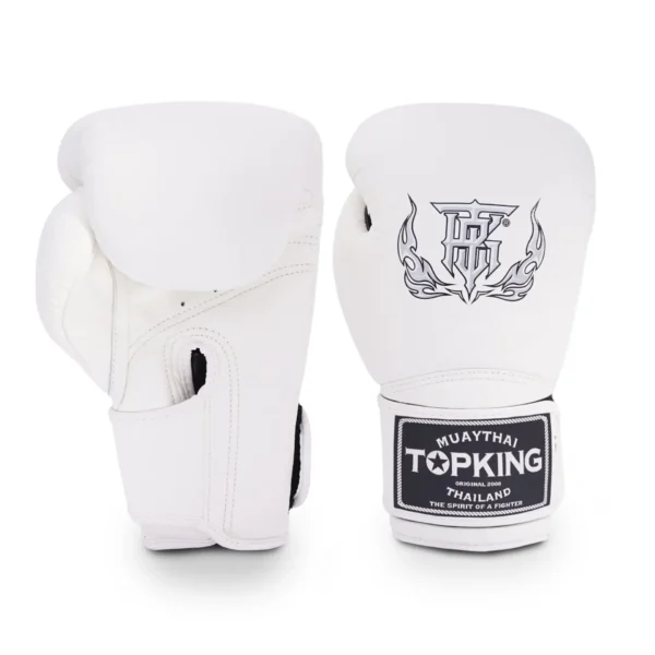 A pair of 'Top King Super Single Tone Muay Thai Boxing Gloves' in pristine condition.