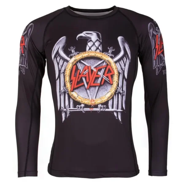 Martial artist wearing Tatami Fightwear Slayer Eagle Rashguard in combat practice.
